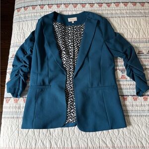 Skies Are Blue Teal Open Blazer with Ruched Sleeves